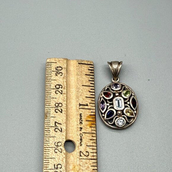 Oval Sterling Silver Pendant With Multi-Color Gemstone Accents & Open Filigree D - Picture 3 of 5